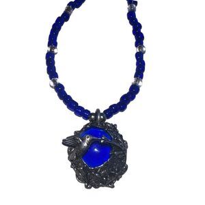 Vintage Wheeler 94 Signed Blue Beads Necklace Gemstone Pendant Silver Tone Metal